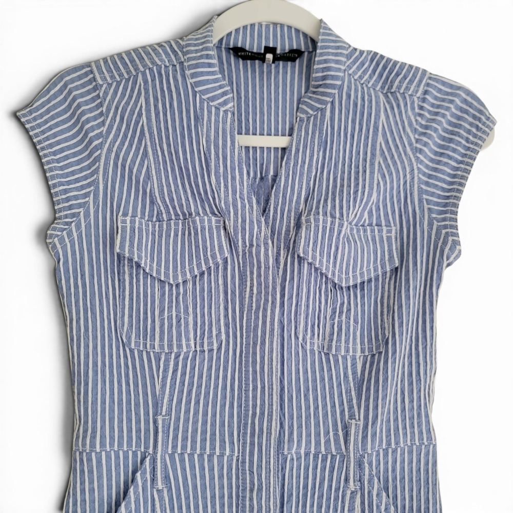 WHBM Vertical Stripe Blue White Seersucker Drop Waist Midi Dress Size 0 Pocket - Picture 4 of 8